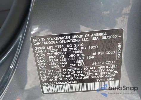 2021 Volkswagen Atlas 3.6L V6 Se W/Technology z USA, uszkodzony, nr VIN 1V2JR2CA9MC524146